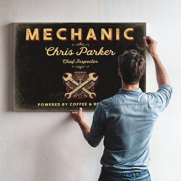 Personalized Mechanic Sign, Powered by Coffee & Brake Fluid, Black & Gold, image 9