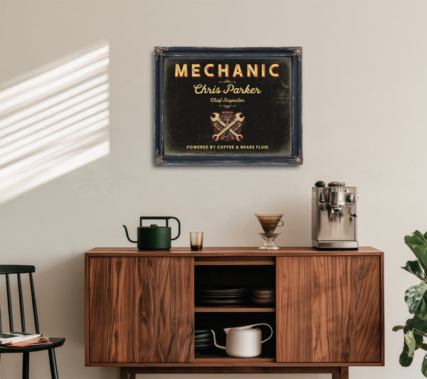 Personalized Mechanic Sign, Powered by Coffee & Brake Fluid, Black & Gold, image 15