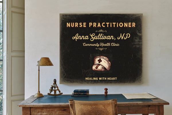 Personalized Nurse Practitioner Sign, Healing With Heart, Black & Gold, image 2