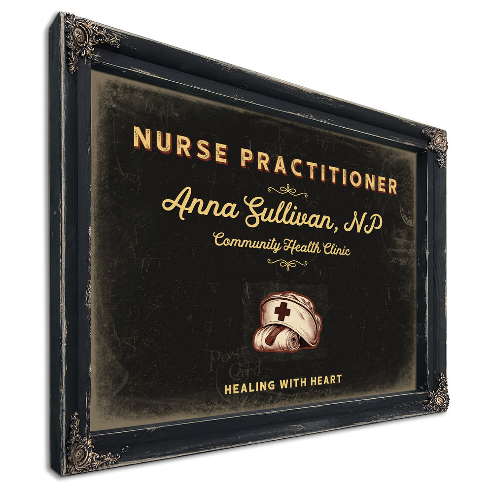 Personalized Nurse Practitioner Sign, Healing With Heart, Black & Gold, image 1