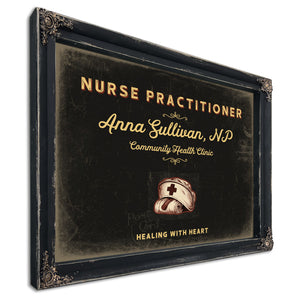 Personalized Nurse Practitioner Sign, Healing With Heart, Black & Gold, image 1