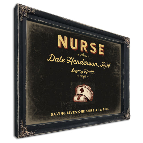 Personalized Nurse Sign, Saving Lives One Shift at a Time, Black & Gold, image 1