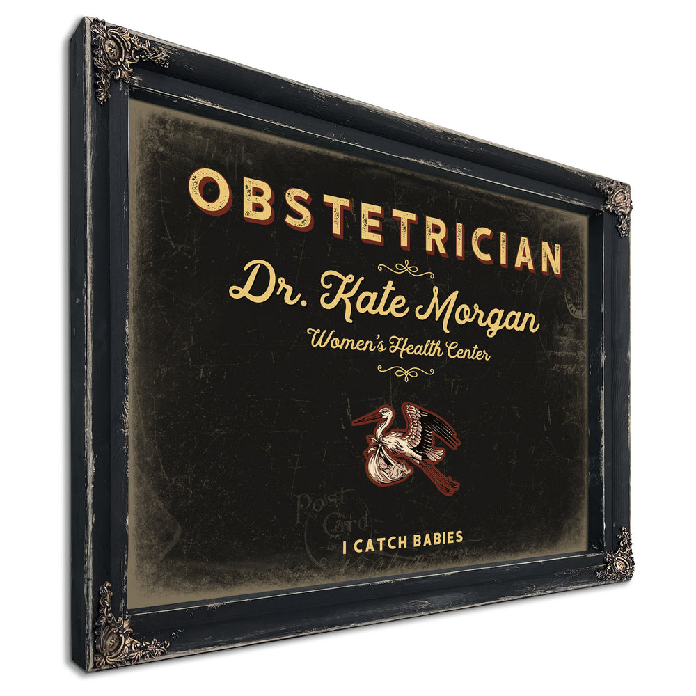 Personalized Obstetrician Sign, I Catch Babies, Black & Gold, image 1