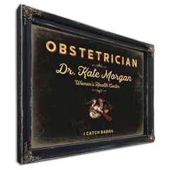 Personalized Obstetrician Sign, I Catch Babies, Black & Gold, image 1