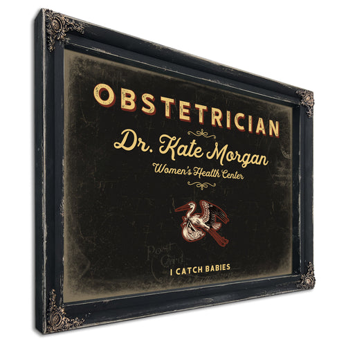 Personalized Obstetrician Sign, I Catch Babies, Black & Gold, image 1