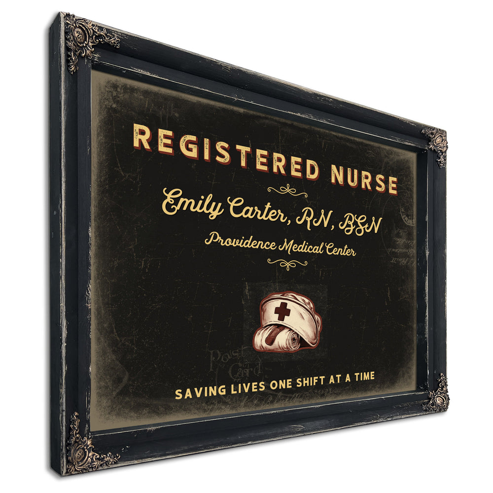 Personalized Registered Nurse Sign, Saving Lives One Shift at a Time, Black & Gold, image 1