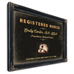 Personalized Registered Nurse Sign, Saving Lives One Shift at a Time, Black & Gold, image 1