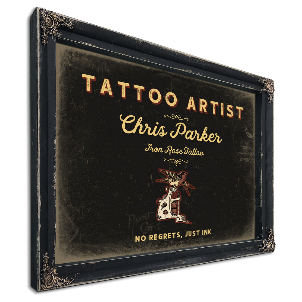 Personalized Tattoo Artist Sign, No Regrets, Just Ink, Black & Gold, image 1