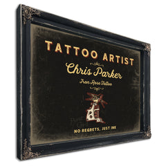 Personalized Tattoo Artist Sign, No Regrets, Just Ink, Black & Gold, image 1