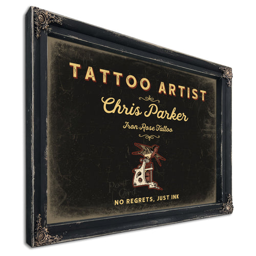 Personalized Tattoo Artist Sign, No Regrets, Just Ink, Black & Gold, image 1