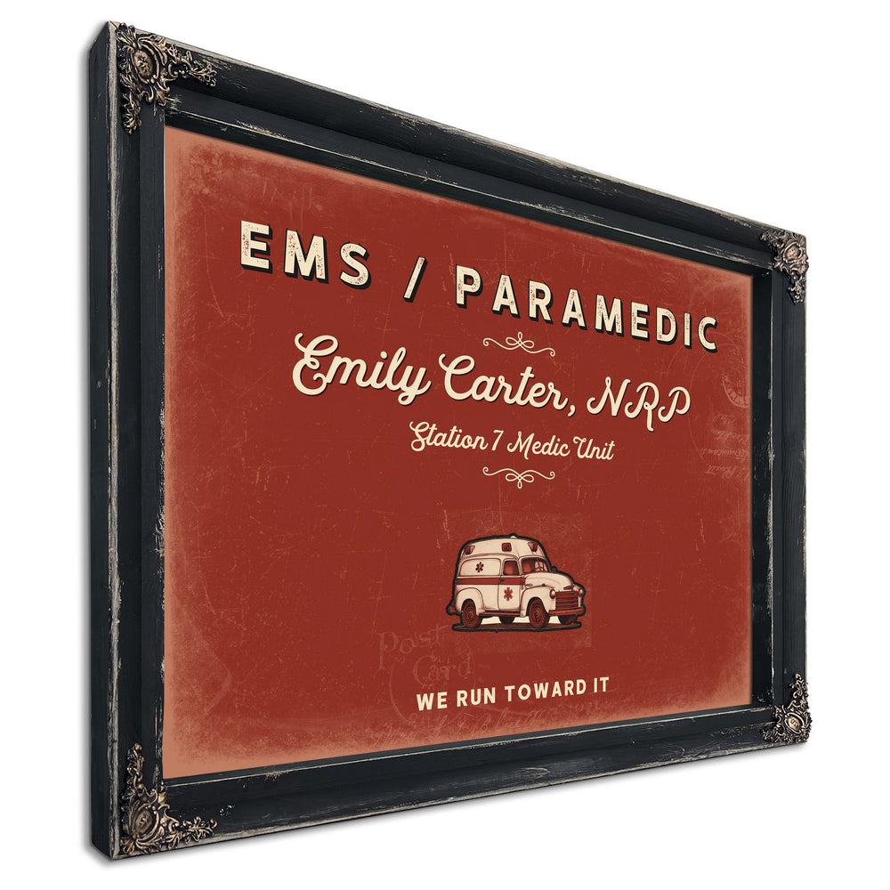 Personalized Paramedic Sign, We Run Toward It, Brick & Black, image 1
