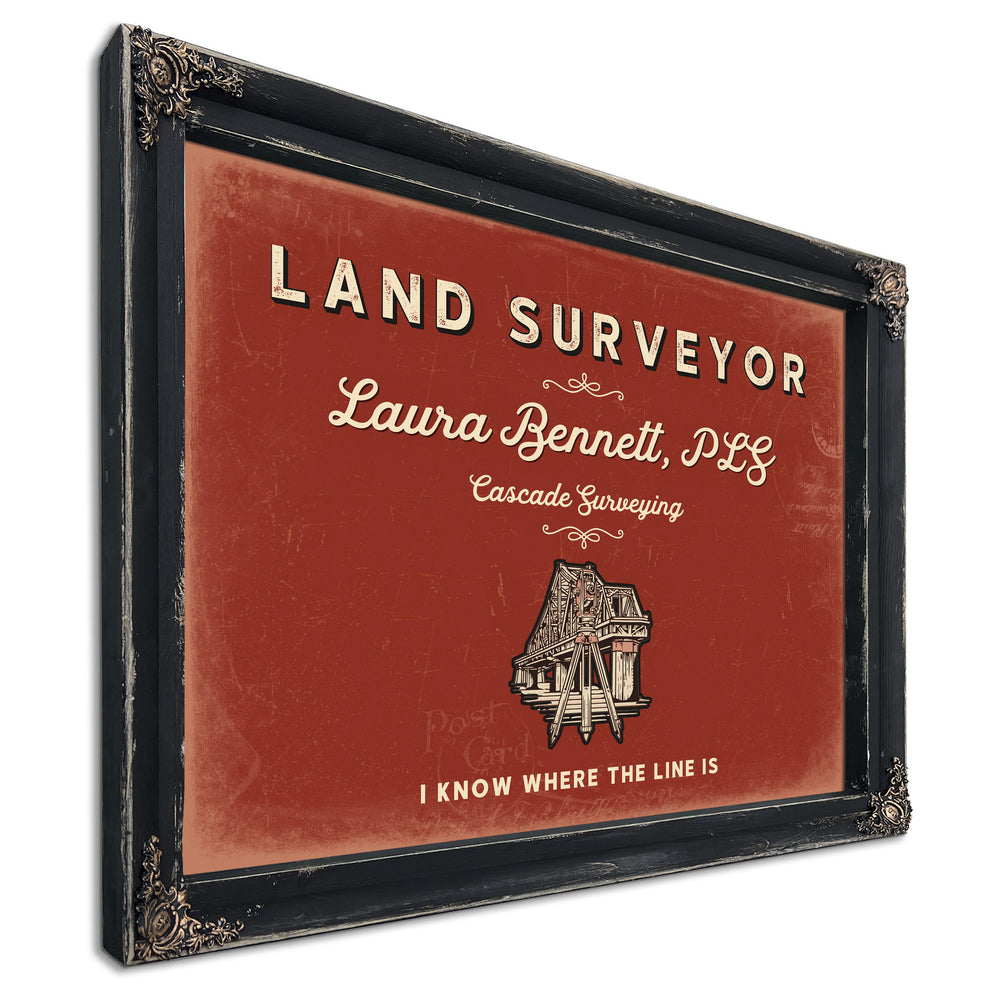 Personalized Land Surveyor Sign, I Know Where the Line Is, Brick & Black, image 1