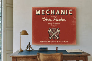 Personalized Mechanic Sign, Powered by Coffee & Brake Fluid, Brick & Black, image 2