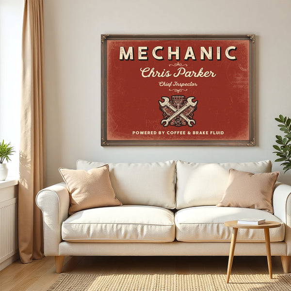 Personalized Mechanic Sign, Powered by Coffee & Brake Fluid, Brick & Black, image 5