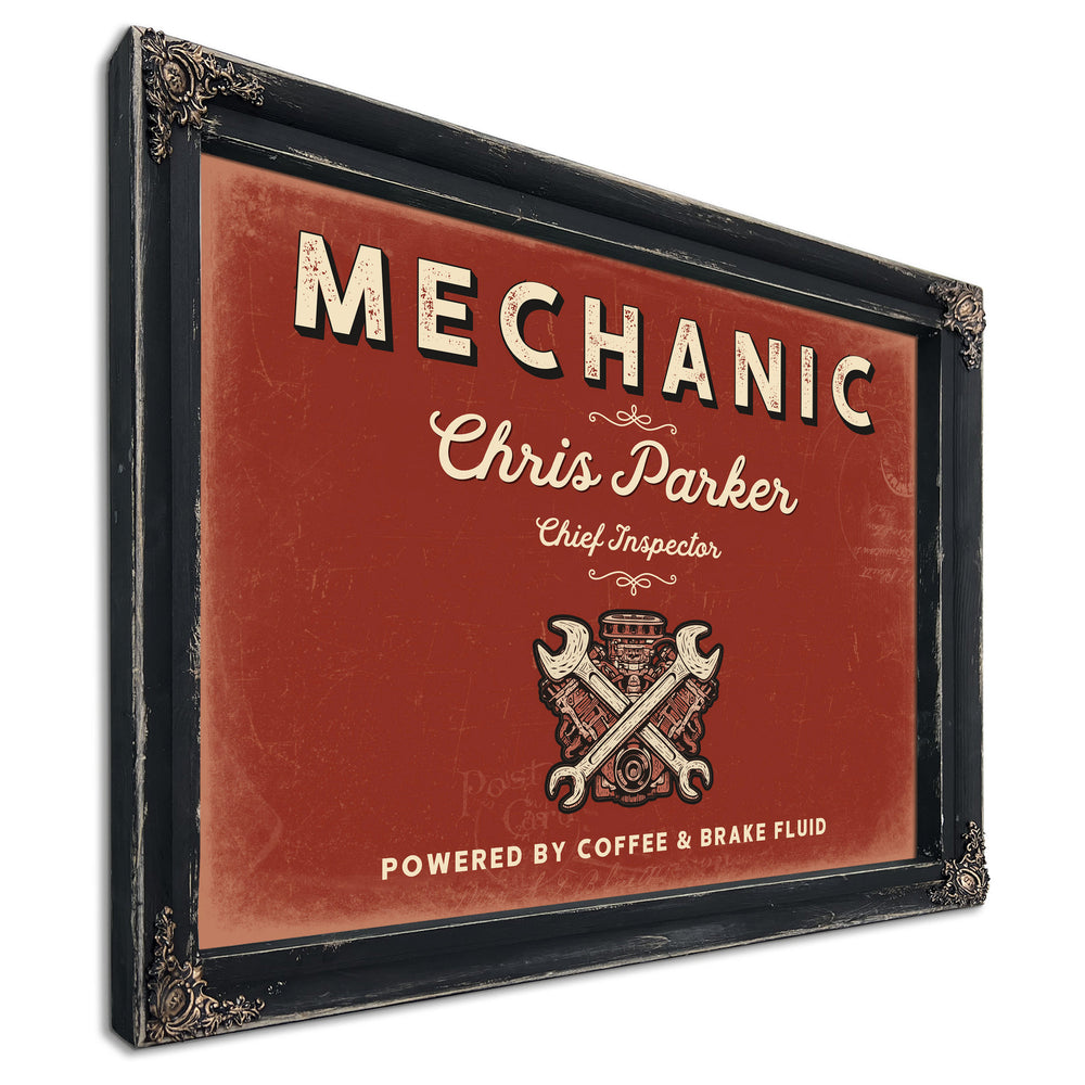 Personalized Mechanic Sign, Powered by Coffee & Brake Fluid, Brick & Black, image 1