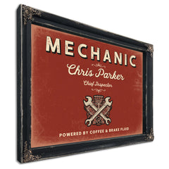 Personalized Mechanic Sign, Powered by Coffee & Brake Fluid, Brick & Black, image 1