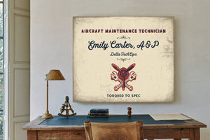 Personalized Aircraft Maintenance Technician Sign, Torqued to Spec, Cream & Navy, image 2