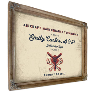 Personalized Aircraft Maintenance Technician Sign, Torqued to Spec, Cream & Navy, image 6