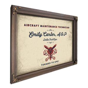 Personalized Aircraft Maintenance Technician Sign, Torqued to Spec, Cream & Navy, image 7
