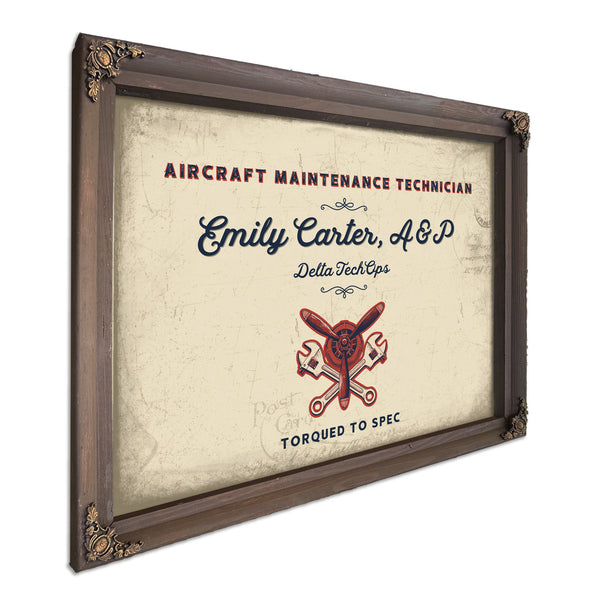 Personalized Aircraft Maintenance Technician Sign, Torqued to Spec, Cream & Navy, image 7