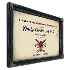 Personalized Aircraft Maintenance Technician Sign, Torqued to Spec, Cream & Navy, image 1