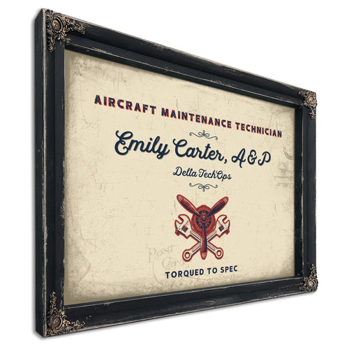 Personalized Aircraft Maintenance Technician Sign, Torqued to Spec, Cream & Navy, image 1