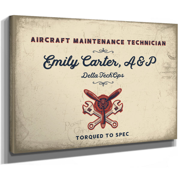 Personalized Aircraft Maintenance Technician Sign, Torqued to Spec, Cream & Navy, image 8