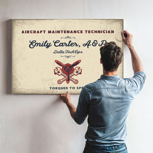 Personalized Aircraft Maintenance Technician Sign, Torqued to Spec, Cream & Navy, image 9