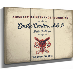 Personalized Aircraft Maintenance Technician Sign, Torqued to Spec, Cream & Navy, image 14