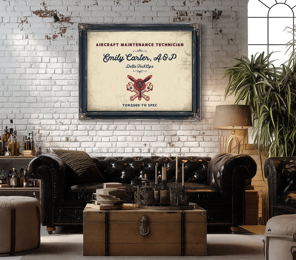 Personalized Aircraft Maintenance Technician Sign, Torqued to Spec, Cream & Navy, image 18
