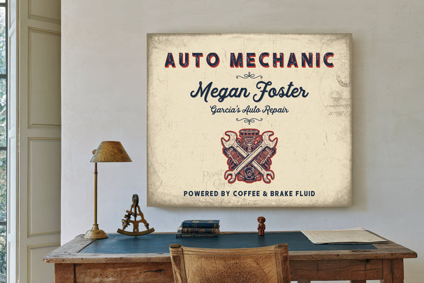 Personalized Auto Mechanic Sign, Powered by Coffee & Brake Fluid, Cream & Navy, image 2