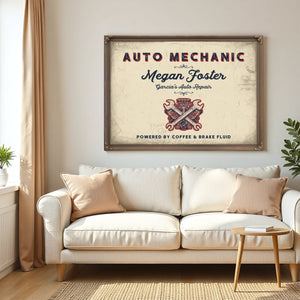 Personalized Auto Mechanic Sign, Powered by Coffee & Brake Fluid, Cream & Navy, image 5