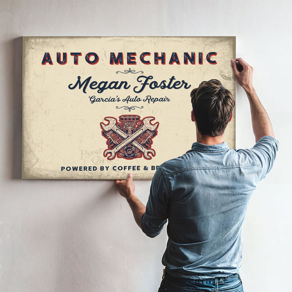 Personalized Auto Mechanic Sign, Powered by Coffee & Brake Fluid, Cream & Navy, image 9