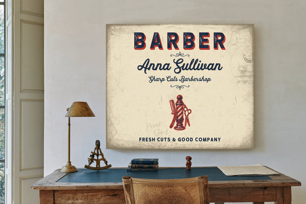 Personalized Barber Sign, Fresh Cuts & Good Company, Cream & Navy, image 2