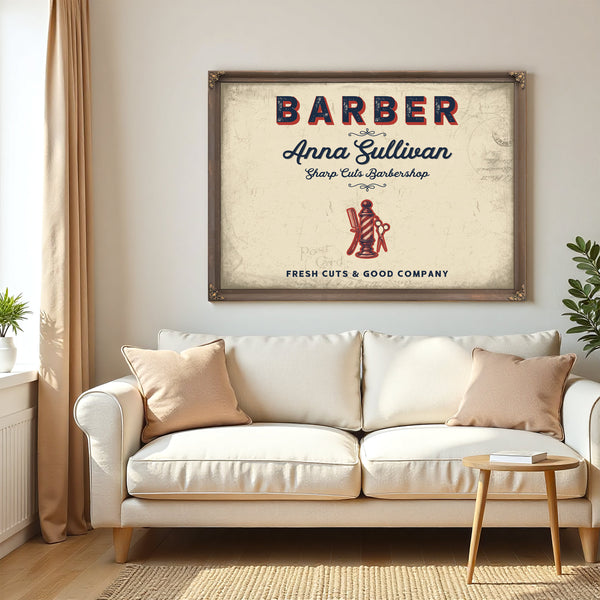 Personalized Barber Sign, Fresh Cuts & Good Company, Cream & Navy, image 5