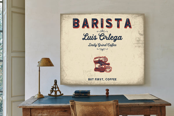 Personalized Barista Sign, But First, Coffee, Cream & Navy, image 2