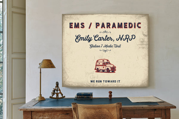 Personalized Paramedic Sign, We Run Toward It, Cream & Navy, image 2