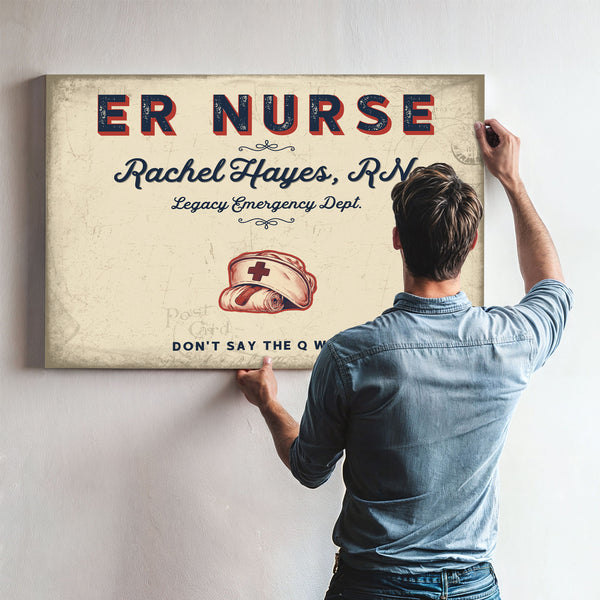 Personalized ER Nurse Sign, Don't Say the Q Word, Cream & Navy, image 9