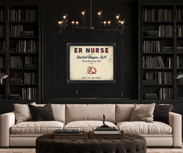 Personalized ER Nurse Sign, Don't Say the Q Word, Cream & Navy, image 16