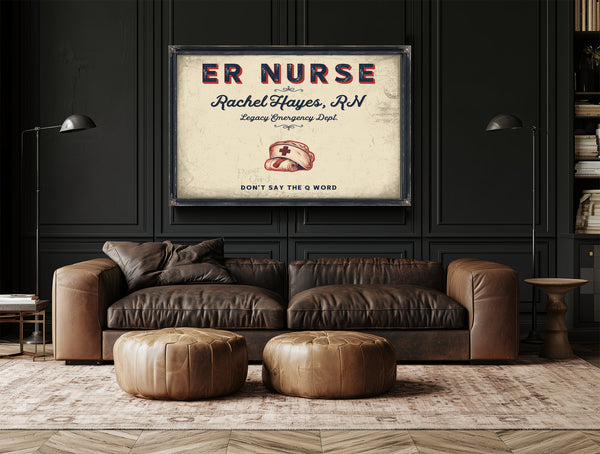 Personalized ER Nurse Sign, Don't Say the Q Word, Cream & Navy, image 17