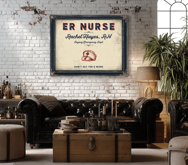 Personalized ER Nurse Sign, Don't Say the Q Word, Cream & Navy, image 18