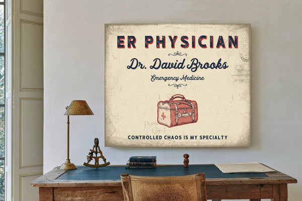 Personalized ER Physician Sign, Controlled Chaos Is My Specialty, Cream & Navy, image 2
