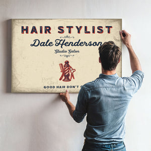 Personalized Hair Stylist Sign, Good Hair Don't Care, Cream & Navy, image 9