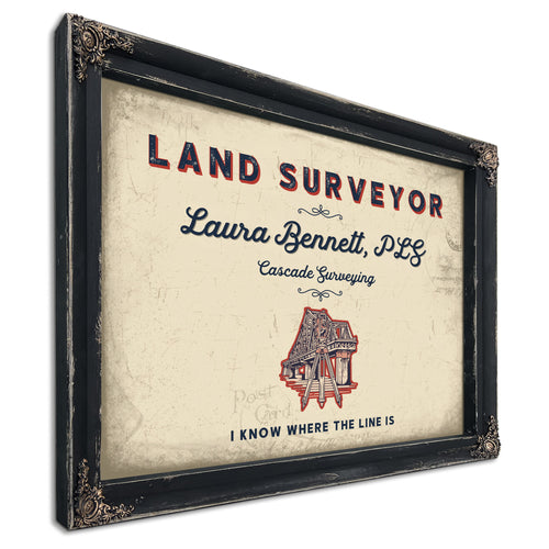 Personalized Land Surveyor Sign, I Know Where the Line Is, Cream & Navy, image 1