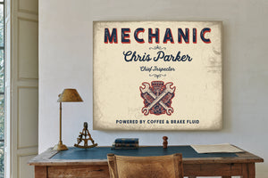 Personalized Mechanic Sign, Powered by Coffee & Brake Fluid, Cream & Navy, image 2