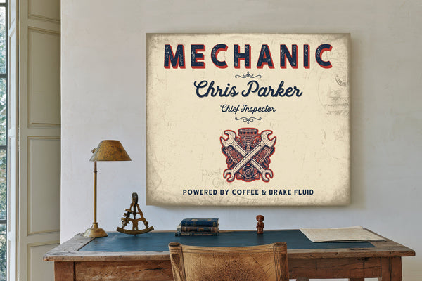 Personalized Mechanic Sign, Powered by Coffee & Brake Fluid, Cream & Navy, image 2