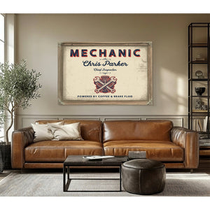 Personalized Mechanic Sign, Powered by Coffee & Brake Fluid, Cream & Navy, image 3
