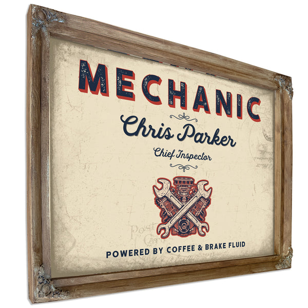 Personalized Mechanic Sign, Powered by Coffee & Brake Fluid, Cream & Navy, image 6