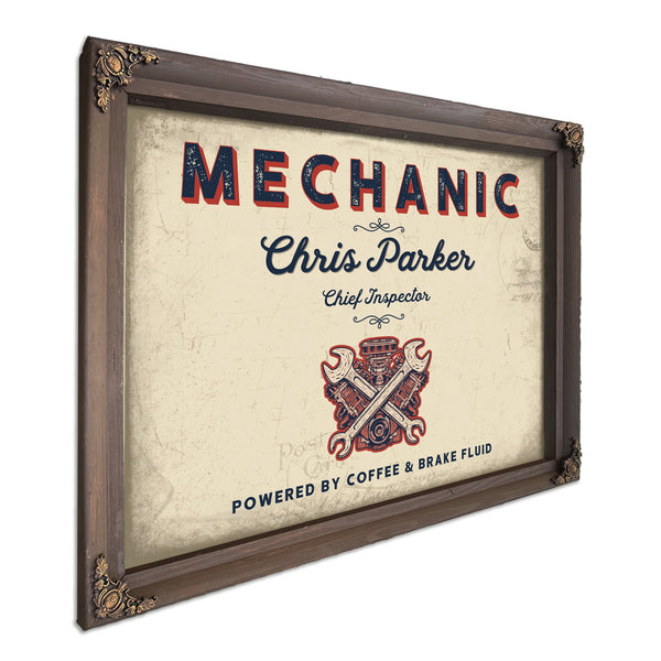 Personalized Mechanic Sign, Powered by Coffee & Brake Fluid, Cream & Navy, image 7
