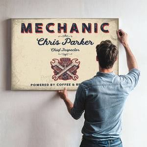 Personalized Mechanic Sign, Powered by Coffee & Brake Fluid, Cream & Navy, image 9